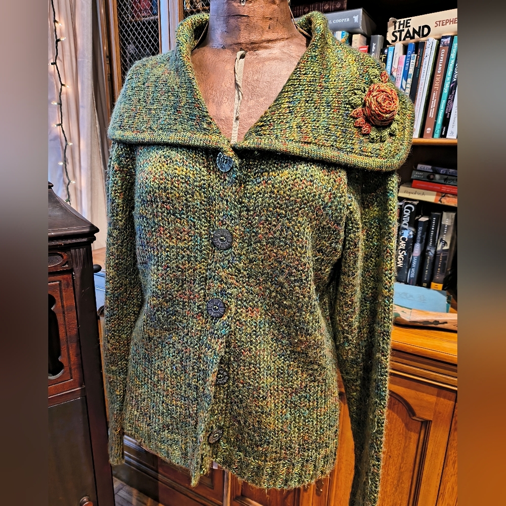 April Cornell Green Marled Cardigan With Rose Size Medium